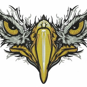 Peut inclure: Motif brodé d'une tête d'aigle, avec des yeux jaunes et un bec jaune. La tête de l'aigle est détaillée avec des accents gris et noirs, créant une image saisissante. Le motif est probablement destiné à des vêtements ou des écussons.