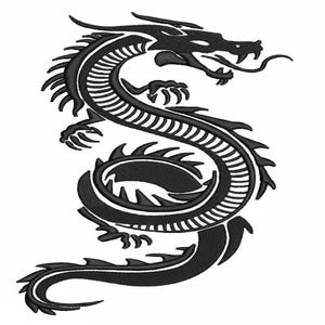 May include: Black dragon design with intricate details. The dragon is in a curved pose, with its body forming a spiral. The design features a detailed head, claws, and a long tail. The dragon is a popular symbol in Asian cultures.