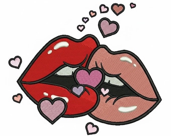 Diseño de bordado de beso de labios rojos, tema de amor (PES, DST, PDF, Em)