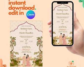 Asian Indian Pakistani Digital Wedding Invitation, Canva Wedding Card, Online Editable Invite, Virtual Wedding Celebration, Modern Design