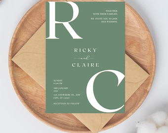 May include: A wedding invitation with a green background and white text, featuring the names "Ricky and Claire." The invitation is on a wooden plate with a brown envelope. The text includes the date, time, and location.