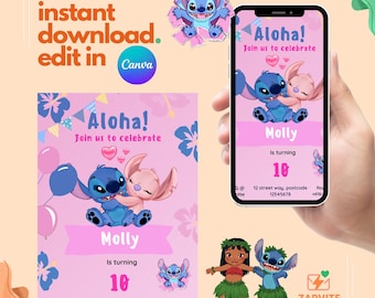 Angel and Stitch Digital Canva Invite, Stitch Girl Birthday Invitation, Editable Party Invite, Digital File, Birthday Party