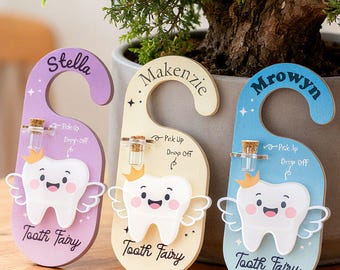 Colgador de puerta personalizado para hada de los dientes, portadientes con nombre personalizado, frasco y ranura para billetes, regalo para hada de los dientes para niños y niñas.
