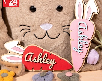Etiqueta personalizada para canasta de Pascua, etiqueta de zanahoria para Pascua, etiqueta con nombre para niños, artículos para canasta de Pascua