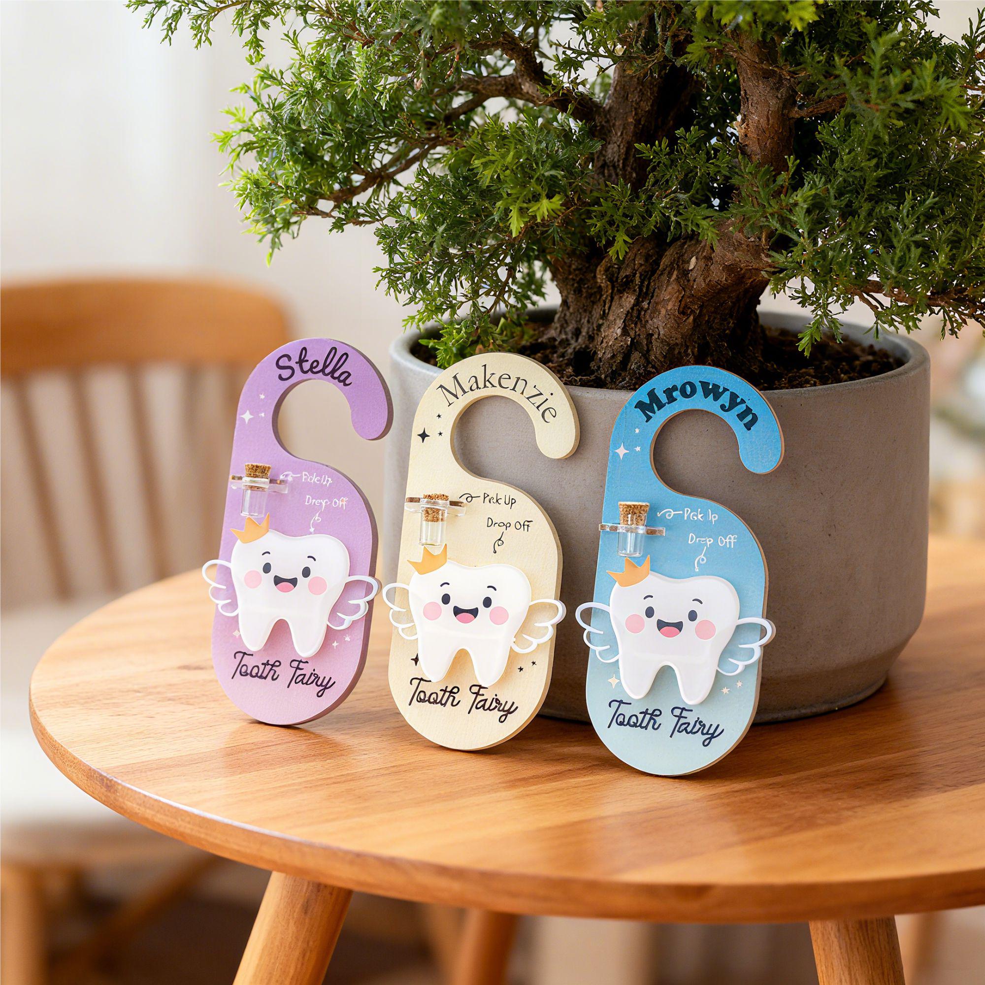 Discover Personalized Tooth Fairy Door Hanger, Custom Name Tooth Holder with Jar and Money Slot, Kids Tooth Fairy Gift for Boys and Girls