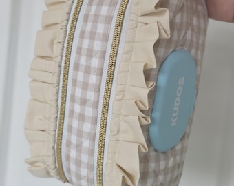 Tan Gingham Diaper + Wipe Pouch W/ Beige Ruffle White/Gold Zipper