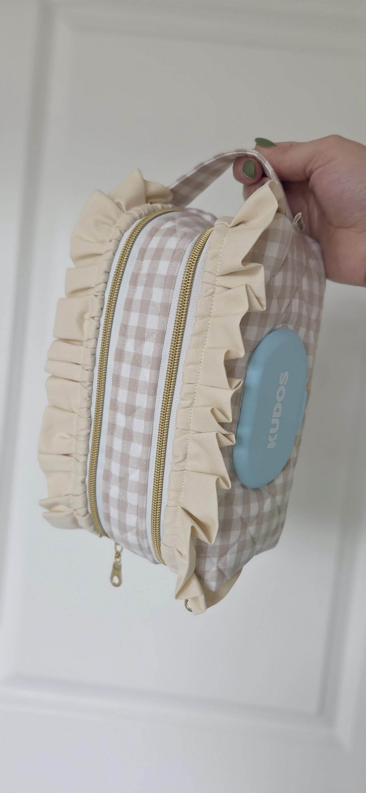 Tan Gingham Diaper + Wipe Pouch W/ Beige Ruffle White/Gold Zipper