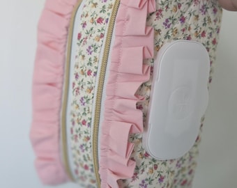 Floral Diaper + Wipe Pouch W/ Pink Ruffle + Gold/White Zipper
