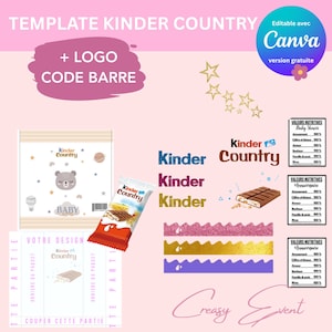 Puede incluir: Una plantilla de diseño gráfico rosa con las palabras "TEMPLATE KINDER COUNTRY" y "+ LOGO CODE BARRE". Incluye una barra de chocolate Kinder Country, un diseño de baby shower y varios elementos de texto, incluyendo "BABY".