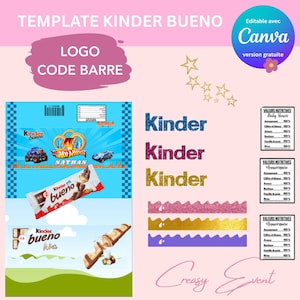 Puede incluir: Un diseño de plantilla rosa y azul para una barra de chocolate Kinder Bueno. El diseño incluye el texto "TEMPLATE KINDER BUENO", "LOGO CODE BARRE" y "Kinder Bueno". El diseño también incluye un fondo azul con coches Hot Wheels.