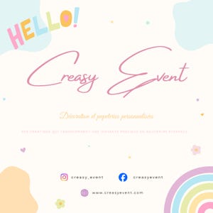 Puede incluir: Gr&aacute;fico en colores pastel con los textos "HELLO!" y "Crazy Event" en escritura cursiva. La imagen promociona decoraci&oacute;n y papeler&iacute;a personalizadas, con iconos de redes sociales y el sitio web www.creasyevent.com.
