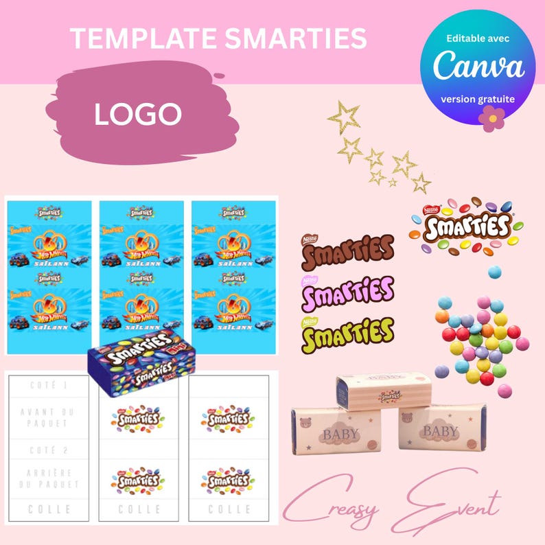 Puede incluir: Un fondo rosa con el texto "TEMPLATE SMARTIES" y "LOGO". La imagen incluye varios dise&ntilde;os de caramelos Smarties, una caja de Smarties y el texto "Editable avec Canva version gratuite".