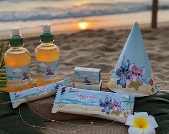 Anniversaire Stitch & Angel - décoration anniversaire thème Hawaï / Tropical - Kinder bueno personnalisé, confiserie personnalisée