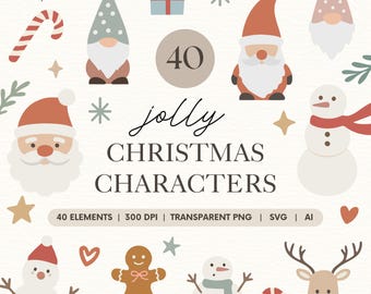 May include: A festive illustration featuring Christmas characters such as gnomes, snowmen, and Santa Claus. The image includes a candy cane, a gingerbread man, and a gift box. Text reads "jolly CHRISTMAS CHARACTERS".