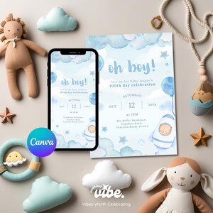May include: A blue and white baby shower invitation with a rocket ship and stars. The invitation says "Oh boy!" and "Join us for Baby Jasper's 100th day celebration". The date is October 12th, 2024 at 2 PM. The location is The Miller Residence, Sunshine Road, Function Room, Level 1.
