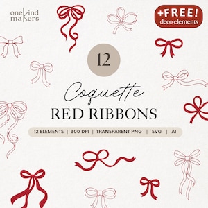 Pode incluir: Uma coleção de ilustrações de fitas vermelhas em vários estilos. A imagem inclui o texto "Coquette Red Ribbons" e "+FREE! deco elements". Os elementos de design são adequados para projetos de arte digital.