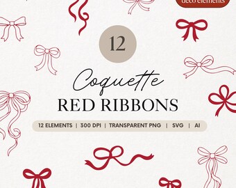 Conjunto de imágenes prediseñadas de lazos rojos de coqueta: 12 imágenes prediseñadas de lazo PNG, SVG, AI (+ 10 elementos gratis)