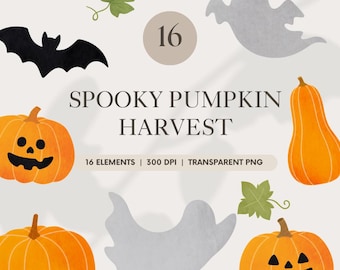 Halloween Pumpkin Clipart Set: Spooky Ghosts, Bats, Leaves (Digital Download)