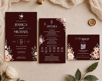 Wedding Invitation Template | Burgundy Floral Wedding Invite | Editable Canva Invitation | RSVP Details Card | Digital Download