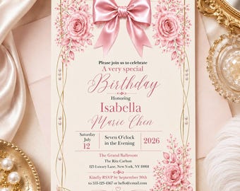 Birthday Invitation Template | Coquette Pink Bow Birthday Invite | Editable Canva Invitation | Floral Girl Party | Instant Download