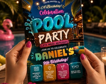 Birthday Invitation Template | Tropical Pool Party Invitation | Editable Canva Invite | Summer Birthday Party | Instant Download
