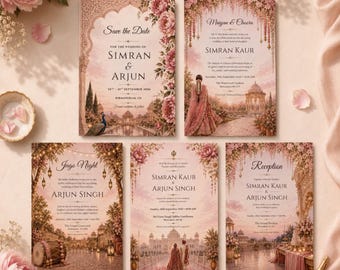 Sikh Wedding Invitation Suite 5x7 Editable | Punjabi Anand Karaj Set | Save the Date Maiyan Jago Reception Canva Template