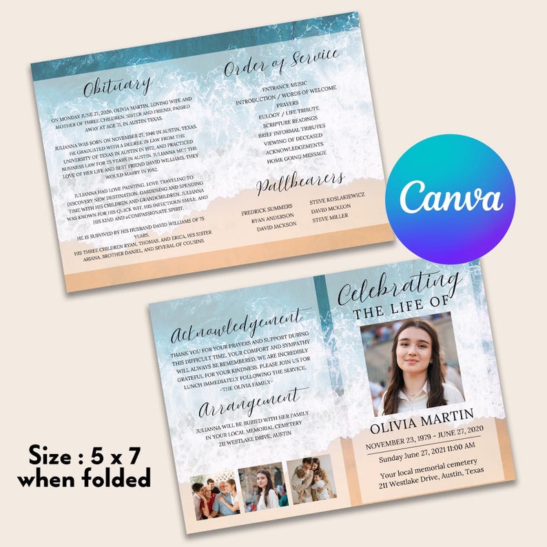 May include: A folded funeral programme template measuring 12.7 x 17.8 cm featuring a beach and ocean wave design. The text includes Obituary, Order of Service, Pallbearers, Acknowledgement, Arrangement, and Celebrating the Life of Olivia Martin.