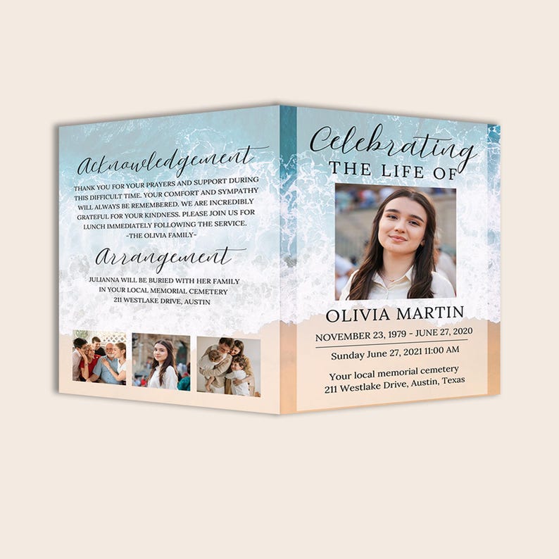 May include: A folded memorial programme featuring a blue ocean wave background with white foam. The front displays a portrait of Olivia Martin, dates, and service details. The interior includes an acknowledgement, arrangement text, and three small photos.