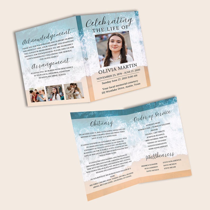 May include: A folded memorial programme featuring a blue ocean wave design at the top and a sandy beach colour at the bottom. The text includes Celebrating the Life of Olivia Martin, Obituary, Order of Service, and Acknowledgement with photos.