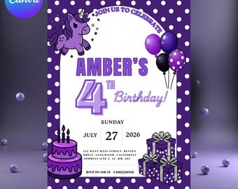 Purple Unicorn Birthday Invitation Template | Editable Canva Invite | 4th Birthday Party Invitation | Printable Digital Download