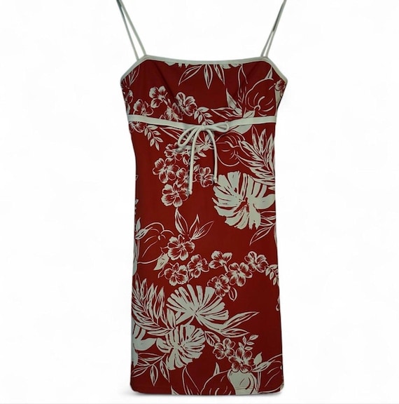 Y2K Hawaiian Floral Mini Dress Red White Spaghetti Strap Made in USA Size M  VTG