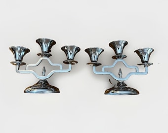 Vintage Farberware New York Chrome 3-Arm Candelabra Pair Of 2 Art Deco MCM 7.5"