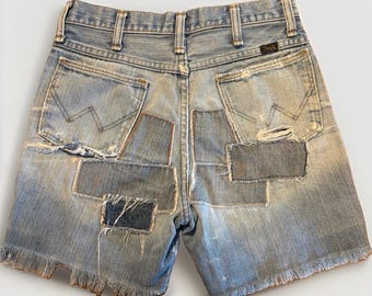 Vintage Wrangler afgesneden jeansshorts voor dames, 63,5 cm, jaren 70, verweerde patchwork westernstijl