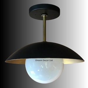 Sasco Antique Brass Semi-Flush Mount Ceiling Light | Vintage-Inspired Custom Fixture | Handcrafted Mid-Century Modern Lighting
