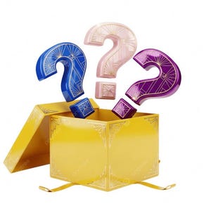 May include: A yellow gift box with gold trim and a gold ribbon, with three question marks in blue, pink, and purple. The question marks have gold accents and are floating above the box, along with matching cubes.