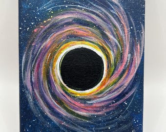 May include: A black hole painting on canvas with a swirling galaxy of pink, purple, yellow, and white colors against a dark blue background with white stars.