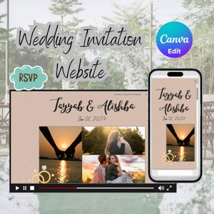 May include: A wedding invitation website design featuring the text "Wedding Invitation Website" and "Tayyab & Alishba, Jan 01, 2027." The design includes a website preview and a smartphone mockup, showcasing wedding photos.