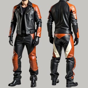 Handmade Leather Biker Set | Men’s Black Brown Jacket & Pants | Gothic Streetwear Suit Festival Outfit | Cowhide Leather