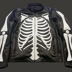 Men&#39;s Skeleton Bones Leather Biker Jacket | Real Leather Motorcycle Halloween Coat