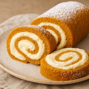 Puede incluir: Un pastel de rollo de calabaza con un relleno de queso crema, espolvoreado con azúcar glas, se encuentra en un plato de color claro. Se cortan dos rebanadas, revelando el relleno en espiral. El pastel tiene un color cálido.