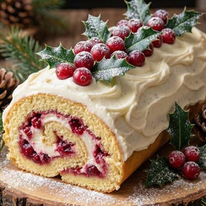 Könnte beinhalten: Ein festlicher Baumkuchen mit weißer Glasur, roten Beeren und Stechpalmenblättern. Der Kuchen liegt auf einer Holzscheibe, umgeben von Tannenzapfen, Kerzen und Grünzeug, was eine warme, festliche Atmosphäre schafft.