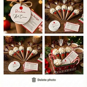 May include: Reindeer hot cocoa cones, featuring brown paper cones filled with cocoa mix, topped with marshmallows, googly eyes, and pretzel antlers. Includes recipe cards and decorative tags for a festive treat.