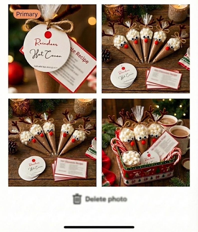 May include: Reindeer hot cocoa cones, featuring brown paper cones filled with cocoa mix, topped with marshmallows, googly eyes, and pretzel antlers. Includes recipe cards and decorative tags for a festive treat.