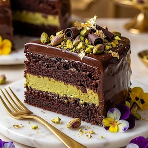 以下が含まれることがあります： ピスタチオフィリングとチョコレートガナッシュトッピングのチョコレートケーキのスライス。ケーキは刻んだピスタチオ、チョコレートカール、金箔で飾られています。金のフォークとカラフルな花が、大理石の表面にあります。