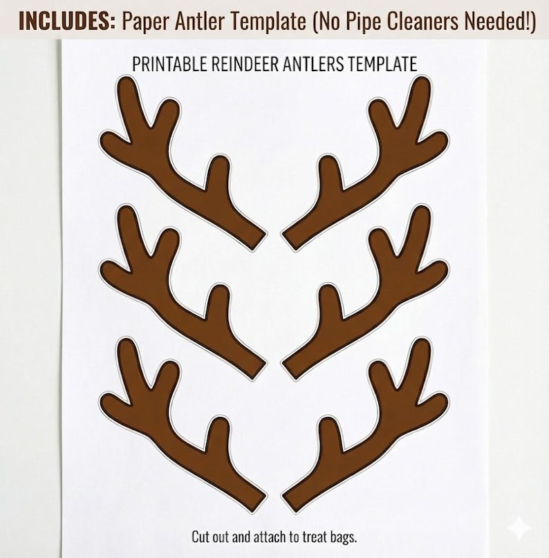 May include: A white sheet featuring six brown reindeer antler templates. The text at the top reads "INCLUDES: Paper Antler Template (No Pipe Cleaners Needed!)" and "PRINTABLE REINDEER ANTLERS TEMPLATE". The bottom text says "Cut out and attach to treat bags."