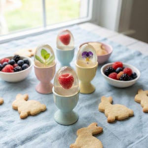 May include: An overhead shot shows a table setting with colorful egg cups holding jelly-like eggs with fruit and flowers inside. Bowls of berries and bunny-shaped cookies are also present. The scene is set on a light blue tablecloth, creating a vibrant and inviting display.