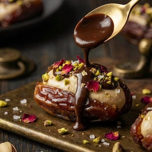 May include: Close-up of a gourmet dessert. A large date is filled with a creamy filling and topped with chocolate sauce, pistachios, and rose petals. A gold spoon pours more chocolate over the dessert.