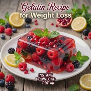 May include: A rectangular gelatin dessert filled with raspberries, blackberries, and pomegranate seeds, garnished with mint leaves, on a white plate. The image includes sliced lemons and the text "Gelatin Recipe for Weight Loss" and "Instant Download PDF".