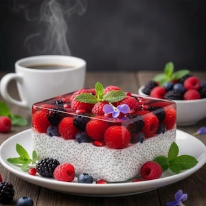 May include: A square dessert with a chia seed base, topped with a layer of mixed berries encased in clear gelatin. Garnished with mint leaves and a small purple flower, served on a white plate. A cup of coffee and a bowl of berries are in the background.