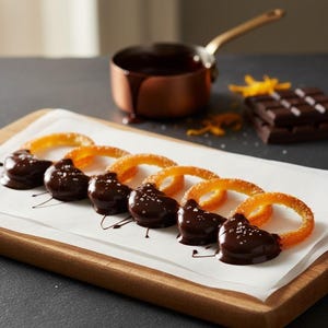 May include: Close-up of chocolate-covered orange peel rings with sea salt, arranged on a white parchment paper-lined wooden board. A small copper saucepan with melted chocolate and a dark chocolate bar are in the background.